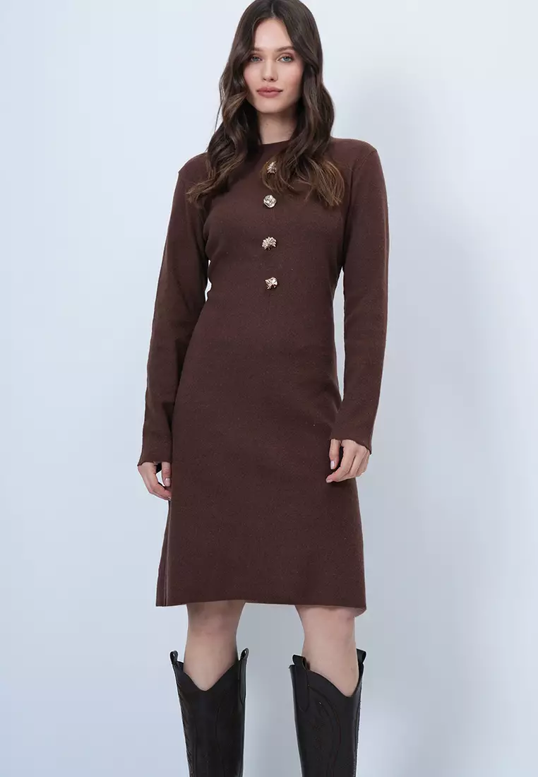 Crew Neck Button Detailed Midi Length Knitwear Dress