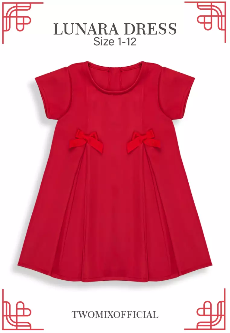 CNY 2024 - Two Mix - Lunara Dress Anak Imlek Perempuan 2024 - Gaun Anak Cewek Lunar Chinese New Year 1-12 Tahun 4389 Colour Red