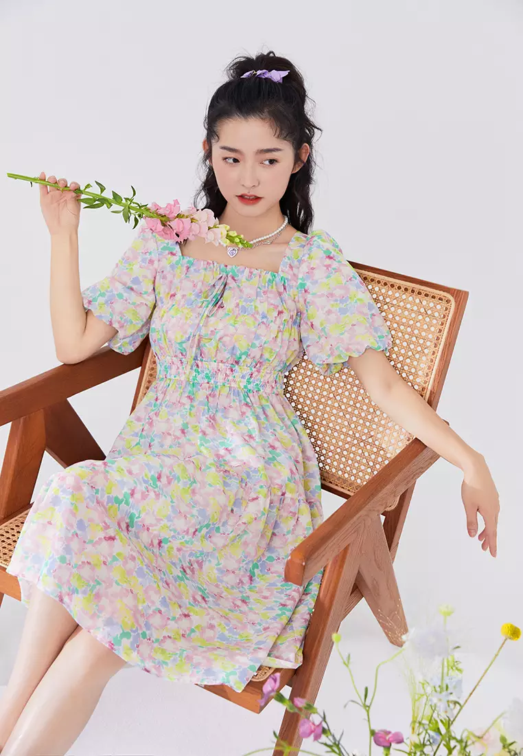 Square Neck Floral Tiered Midi Dress