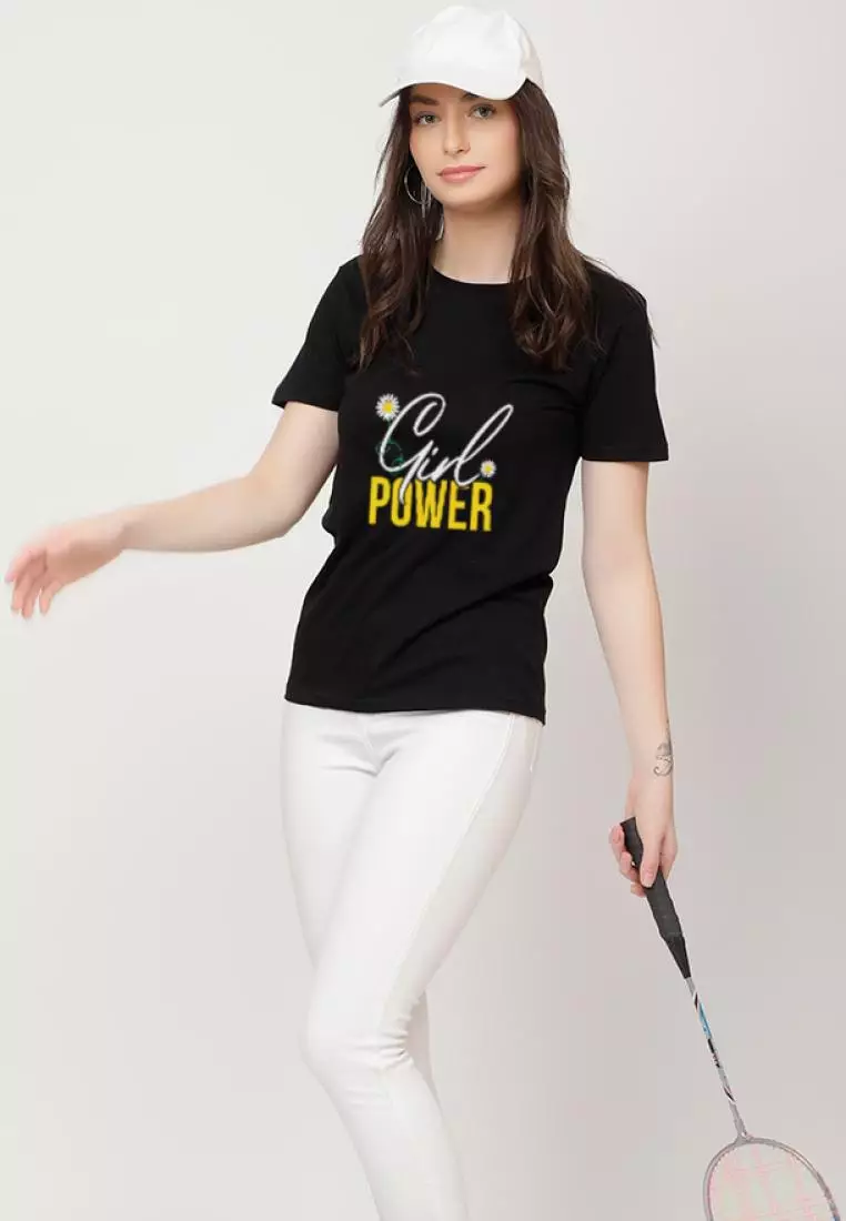 Girl Power Relaxed Short Sleeve Stylish Black Cotton Casual Graphic Print Tee/TShirt