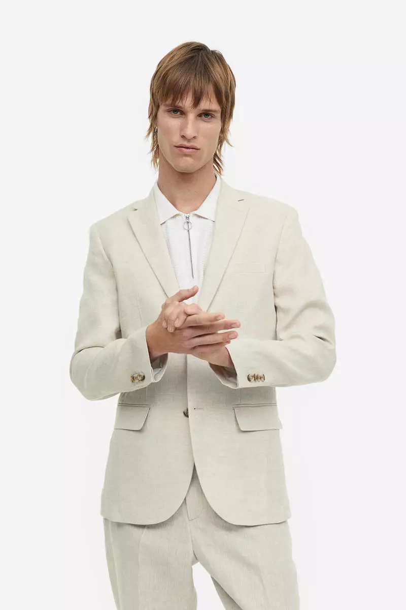 Slim Fit Linen Jacket - Light beige - Men