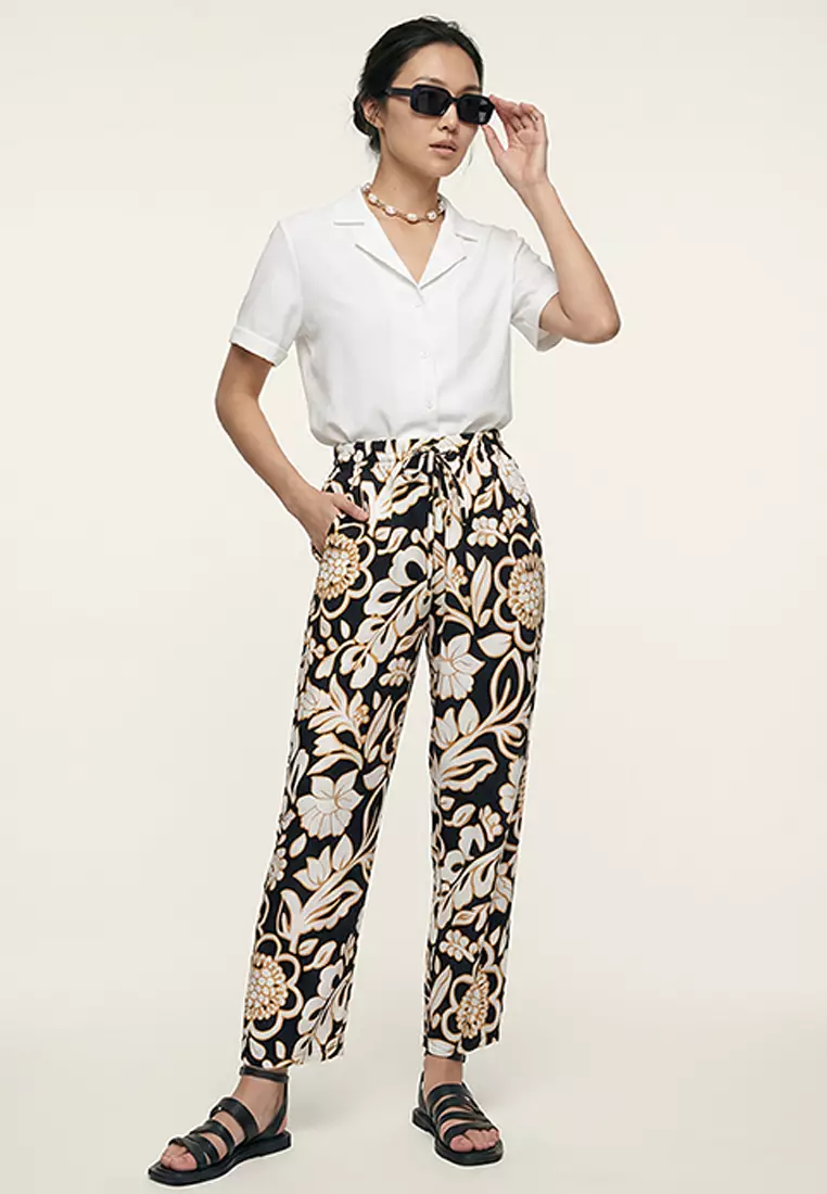 Women's Black Patterned Woven Viscose Trousers