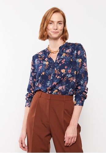 LC WAIKIKI blue Turtle Neck Floral Long Sleeve Viscose Women's Blouse A42BFAAE0F5DD9GS_1