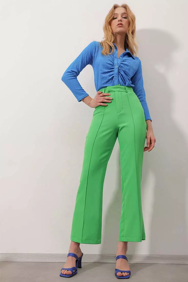 Alacati Green Stitched Front, Stretchy Woven Trousers 2024