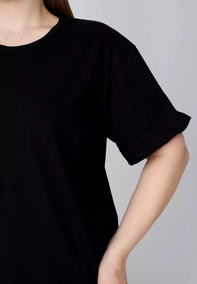 Black Crew Neck Ruffle Detailed 3 Piece Pajama Set Tbbss25Ai00093