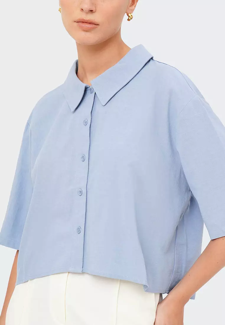 Buy Bocu Women's Boxy Cropped Linen Shirt 2024 Online