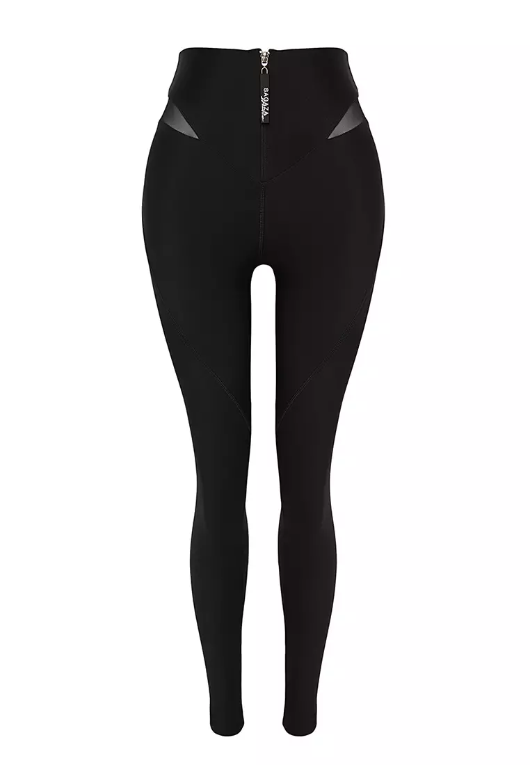 X Sagaza Studio Black Gathering Tulle Detail Full Length Sports Leggings TCLAW24TY00000