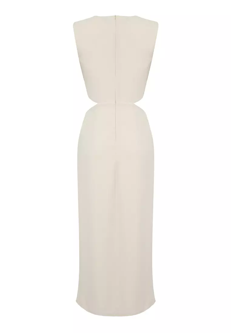 Beige A-Line Cut Out and Accessory Detailed Maxi Woven Crepe Dress TWOSS25EL00017