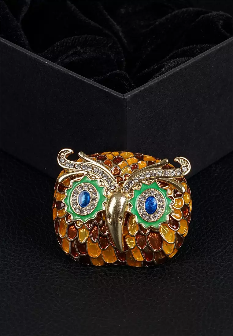Fashion Temperament Plated Gold Enamel Brown Owl Brooch with Cubic Zirconia