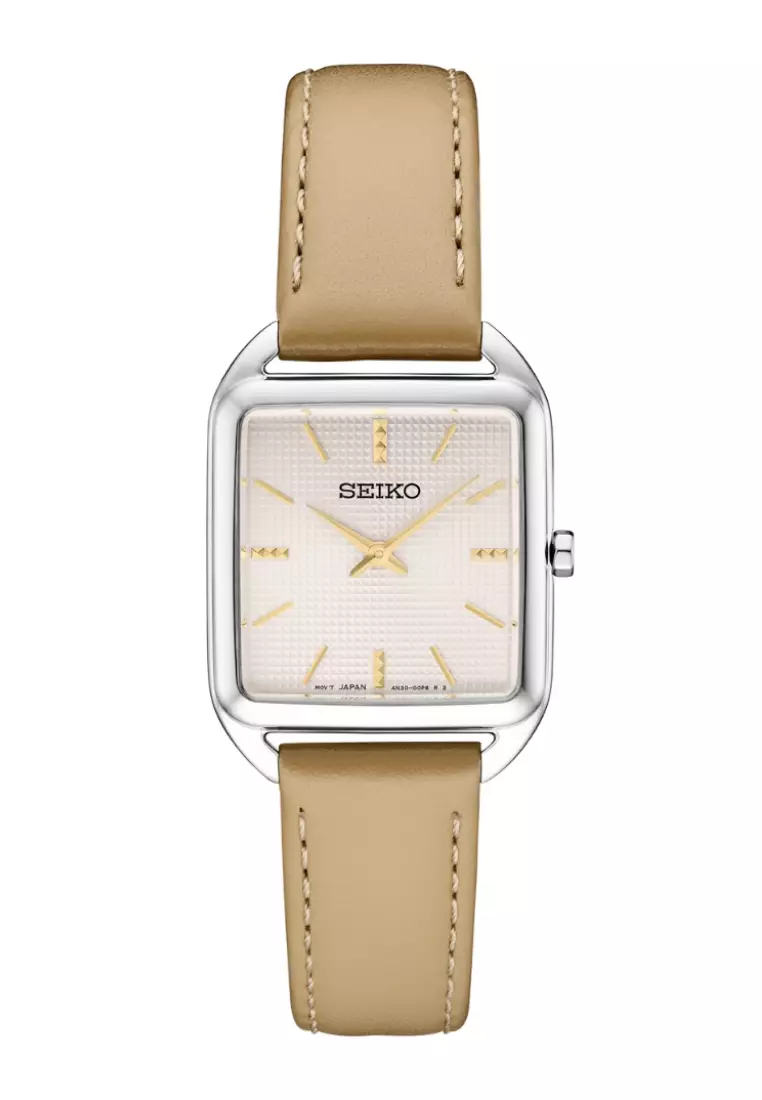 Seiko Lady Essentials Collection Square Case Pale Pink Dial Beige Leather Band Quartz Watch SWR089P1