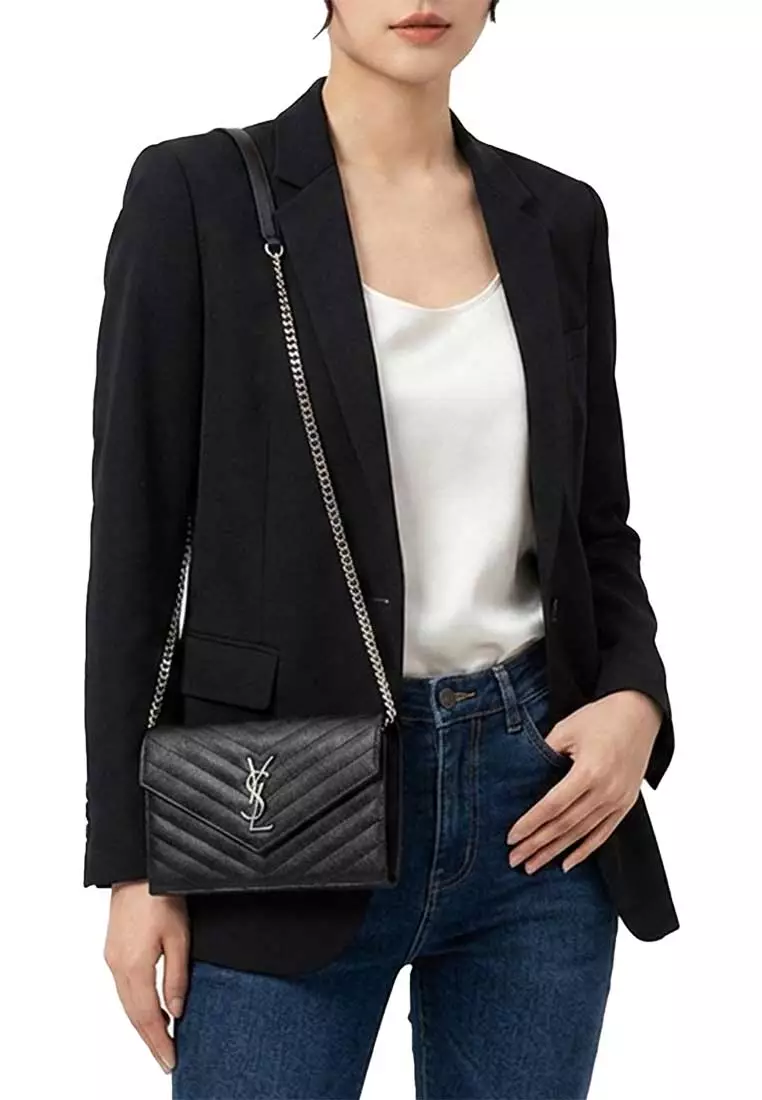 YSL Matelasse Envelope Chain Wallet In Grain De Poudre Embossed Leather Black/Silver 857605BOW02