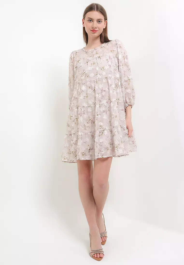 5 Tier Flo Print Furry Jacquard Dress