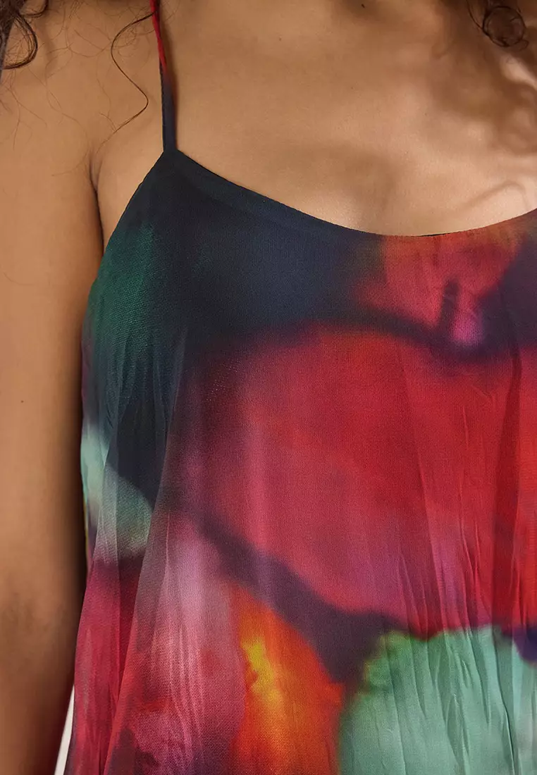 Multi-Colored Straight Cut Abstract Pattern Midi Woven Chiffon Lined Dress Twoss25El00806