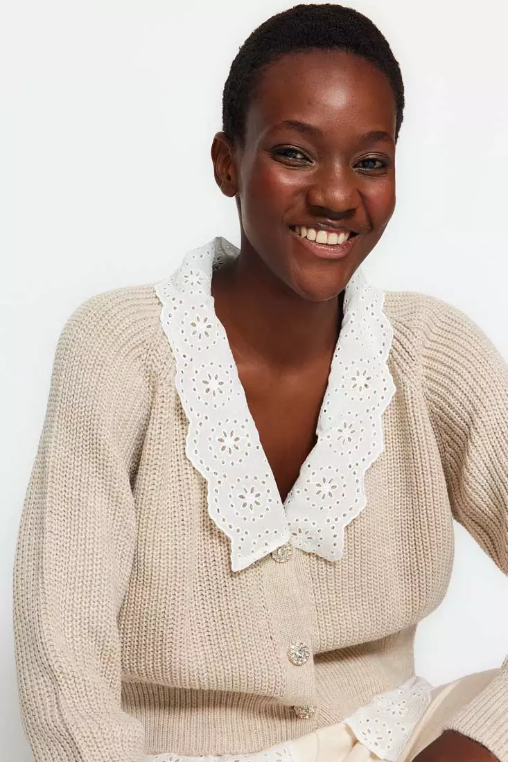 Crop Polo Collar Knit Cardigan