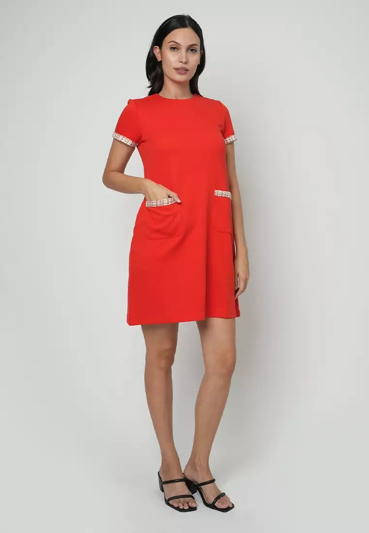 Telly Shift Dress with Contrast Print Pocket Lip and Sleeve