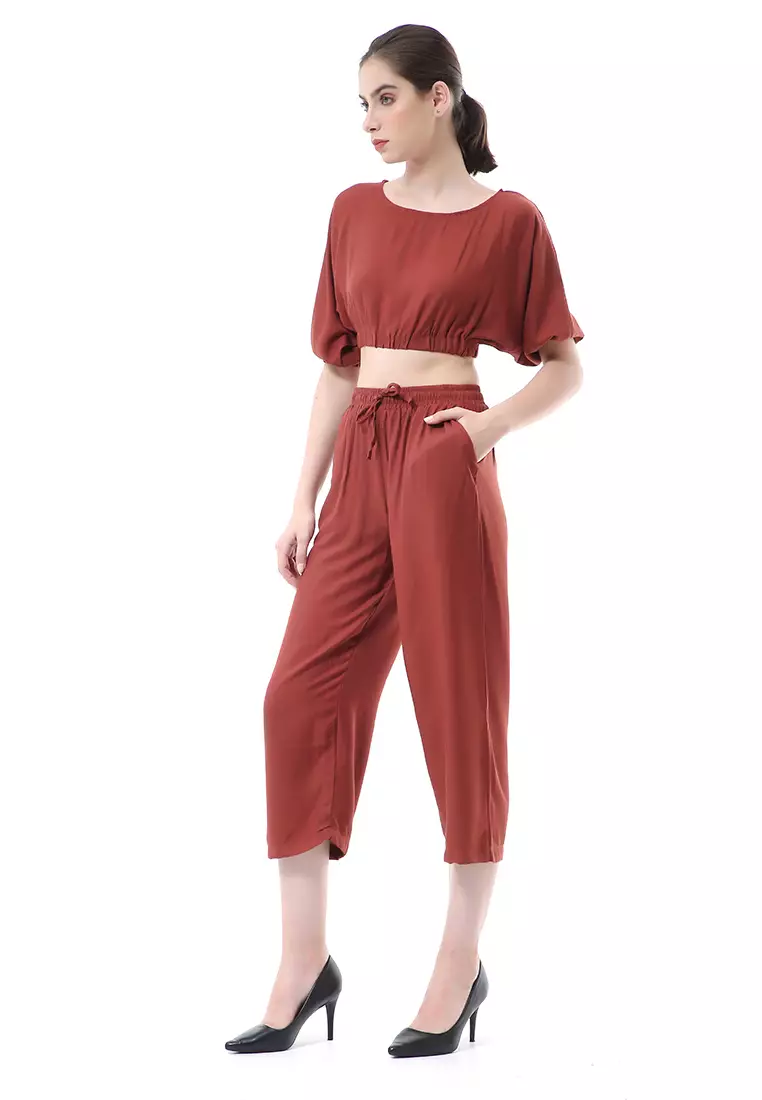 Nayra One Set Setelan Wanita Atasan Crop Lengan 3/4 Celana Kulot Material Rayon ORIGINAL - Terracotta