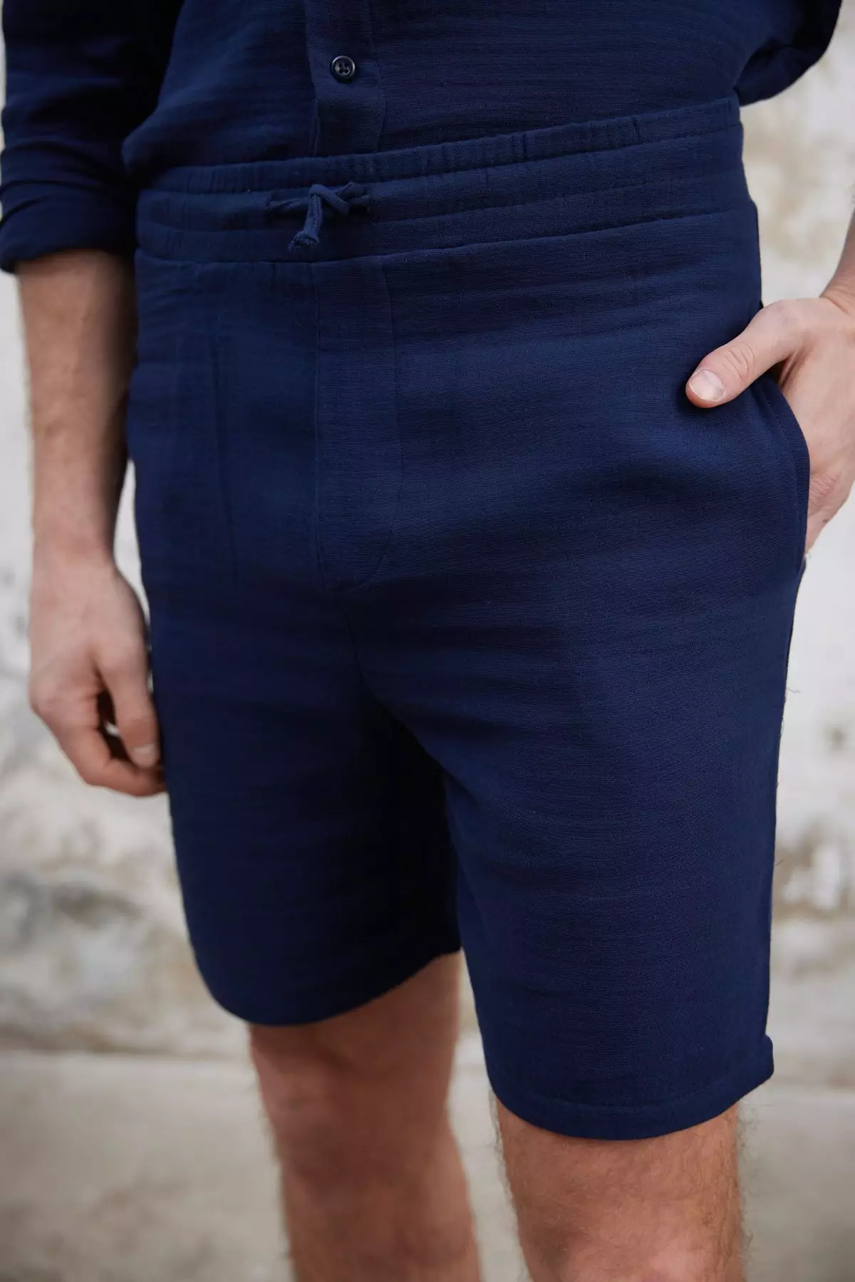 Navy Blue Regular Fit Muslin Fabric Linen Look 100% Cotton Shorts TMNSS25SR00059