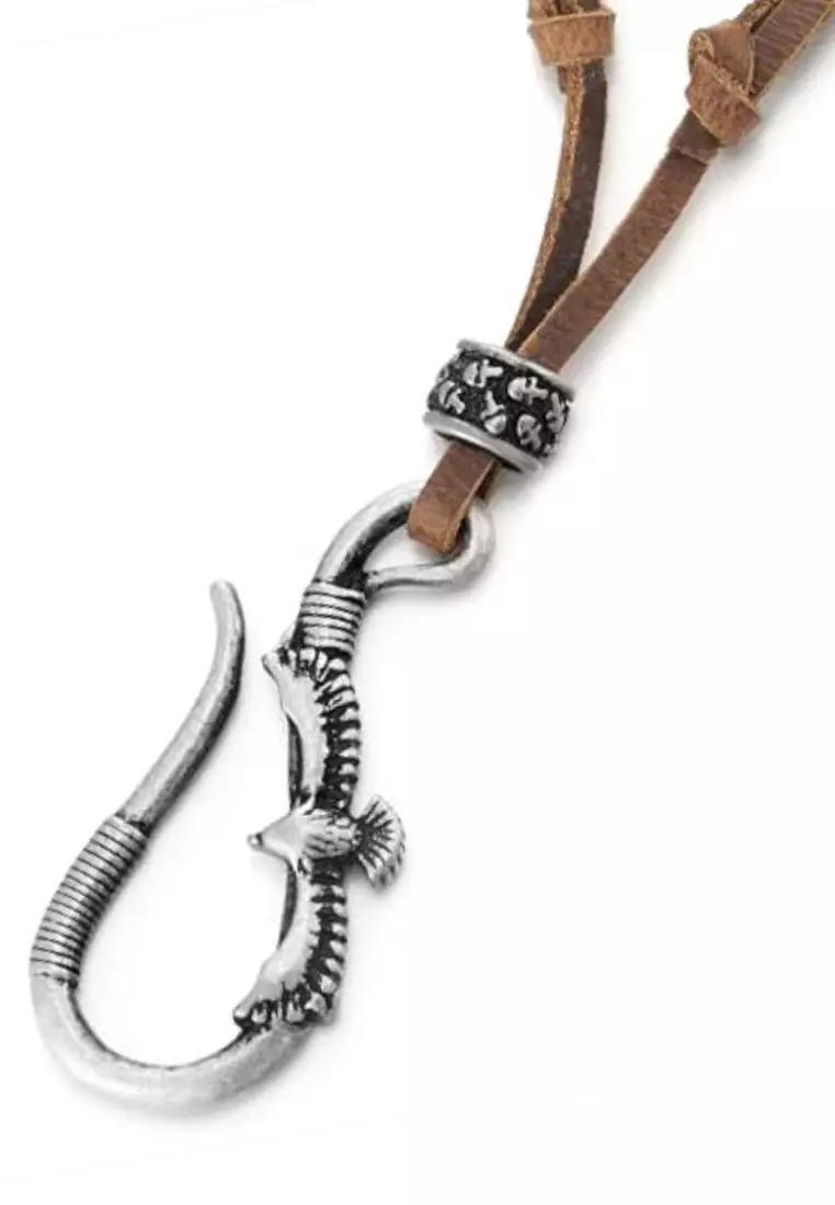 Aksesoris Kalung Kulit Pria Eagle Claw Hook  Leather Necklace Brown & Silver