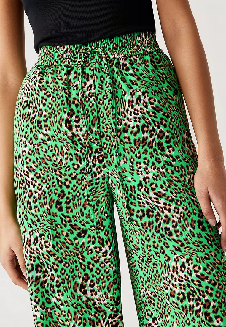 Crepe Animal Print Wide Leg Cropped Trousers
