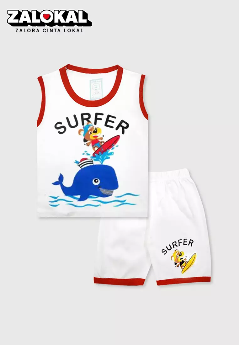 Wakakids Baju Singlet Setelan Bayi Anak Laki Laki Usia 0 Bulan Hingga 6 Bulan Motif Super Surfing 2612 Merah