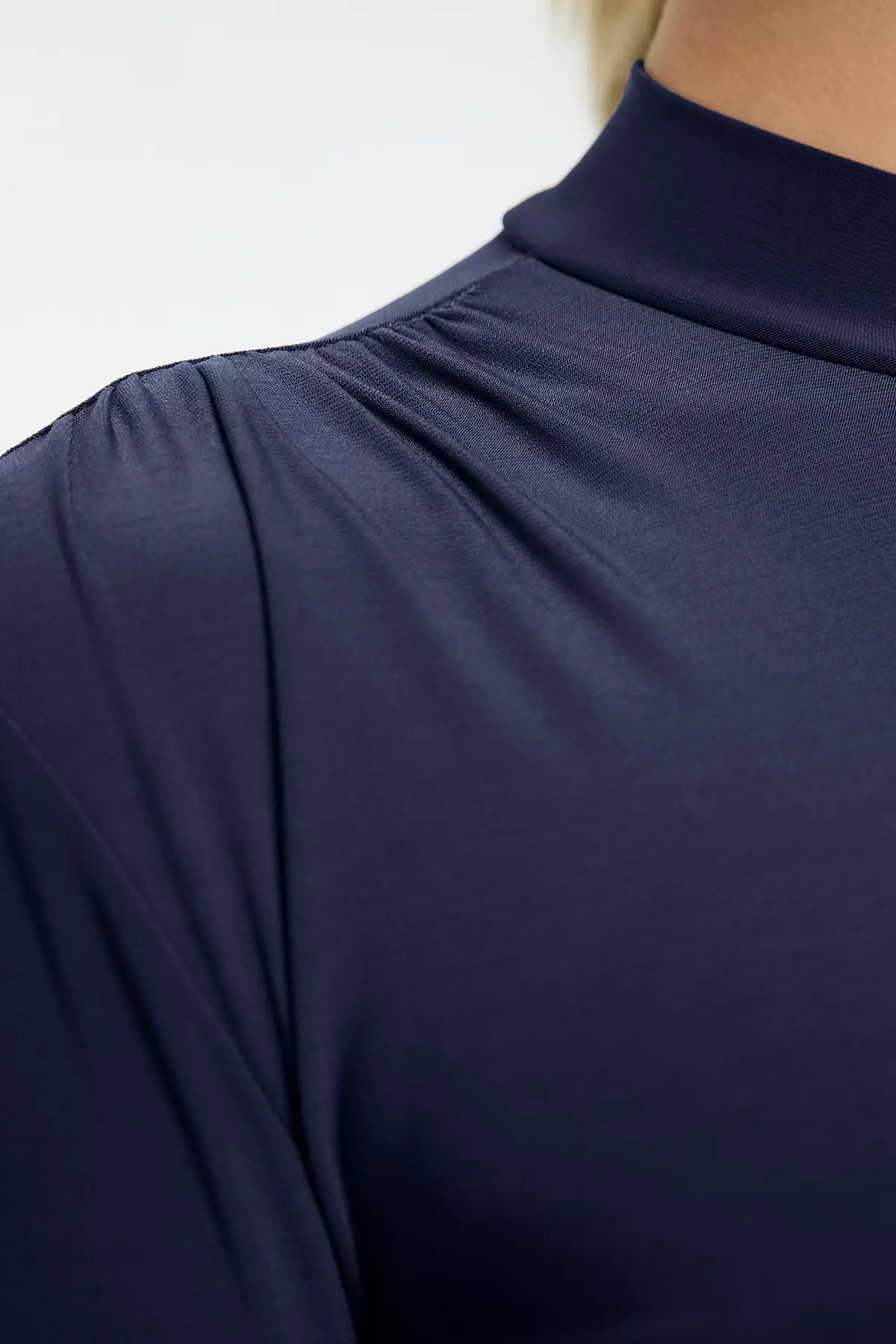 Navy Blue Stand Collar Fitted/Body-Smoothing Long Sleeve Gathered Flexible Knitted Blouse Twoaw23El01391