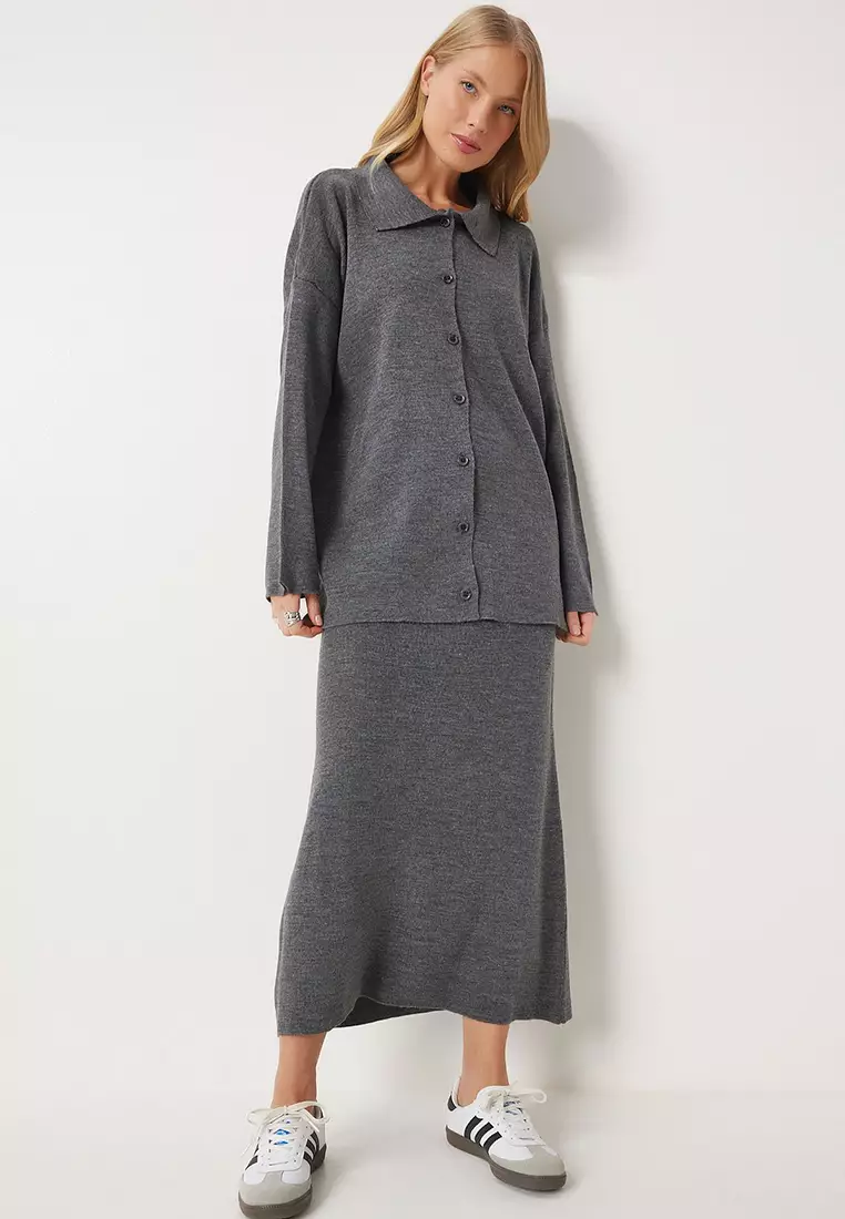 Polo Neck Knitwear Cardigan Skirt Set