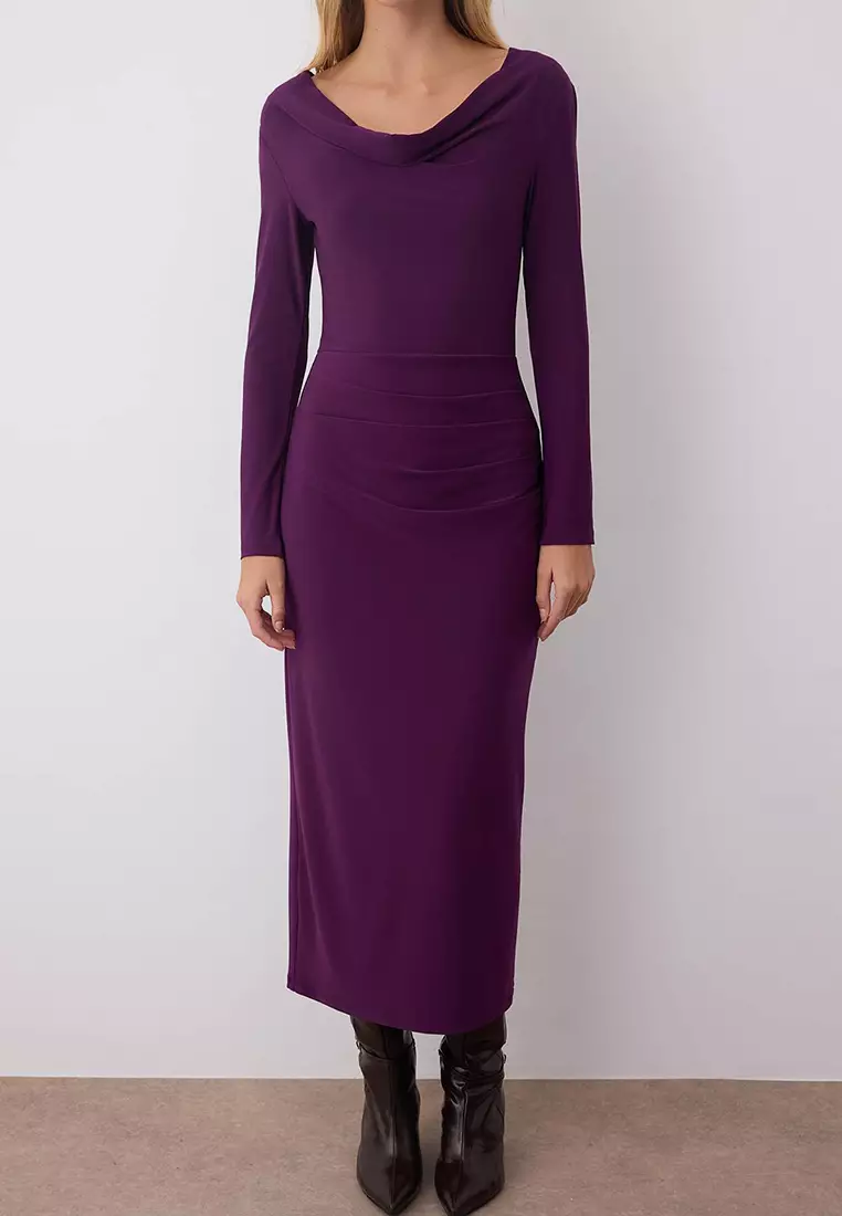 Plum Plain Gathered Boat Neck Lined Bodycone/Fits Body Maxi Knit Dress Twoaw26El00063