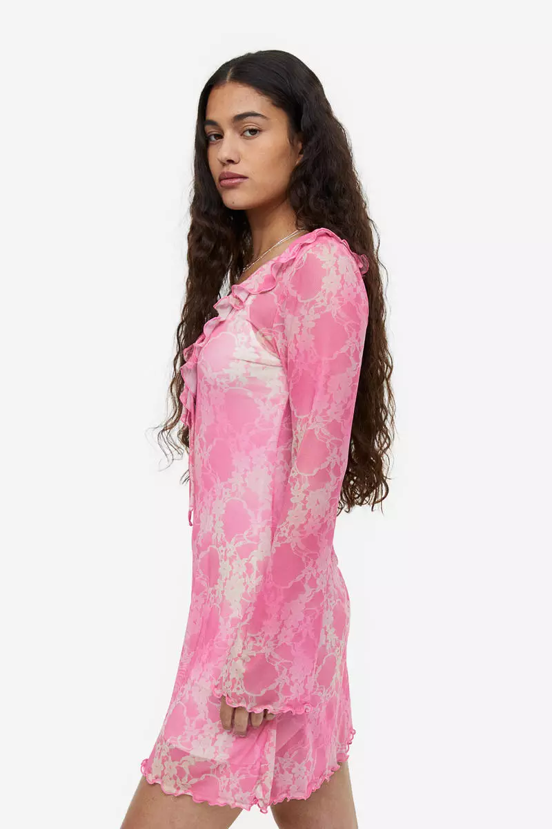 Flounce-trimmed mesh dress