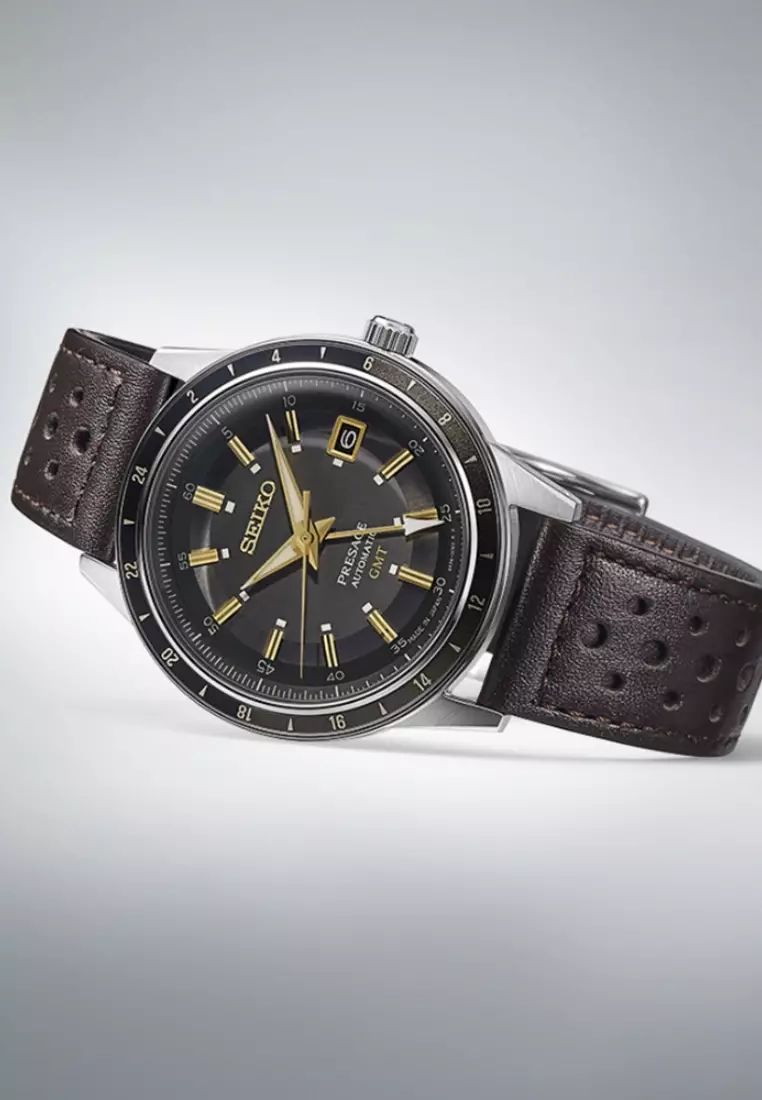 Seiko Presage ‘Fume’ Style 60s Road Trip GMT Dark Brown Dial Leather Band Automatic Watch SSK013J1