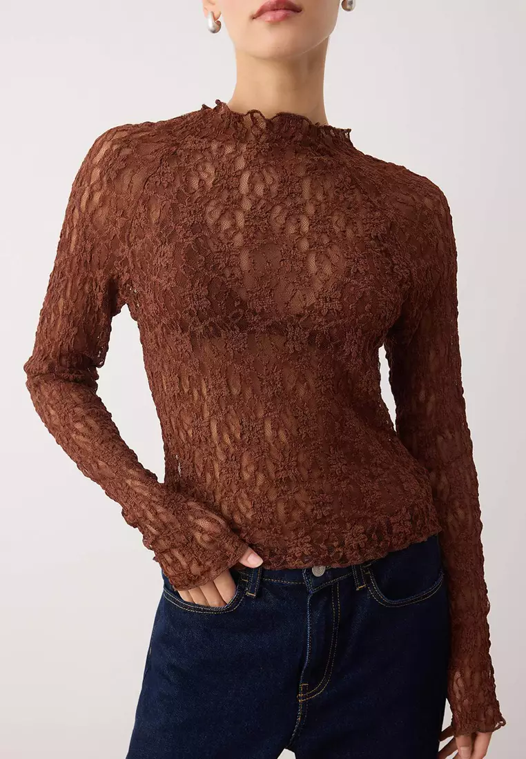 Buy Trendyol Brown Fitted/Bodycon Raglan Sleeve Lace Long Sleeve ...