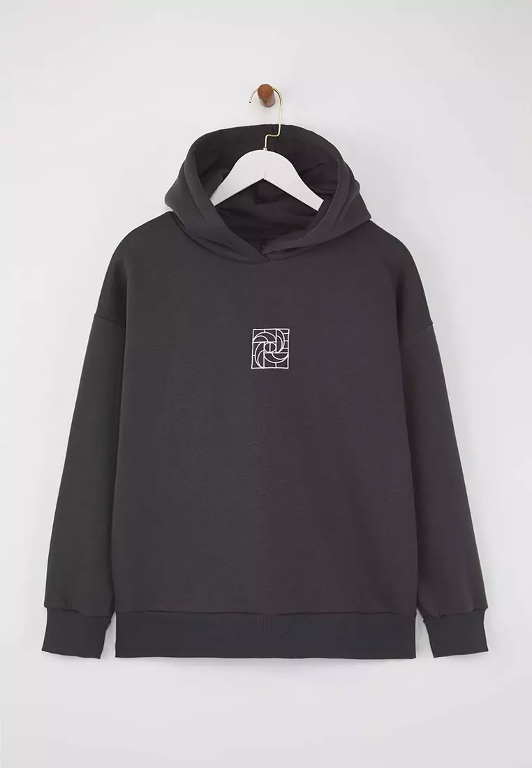 Anthracite Oversize/Wide Pattern Embroidered Thick Inside Polar Fleece Knitted Sweatshirt