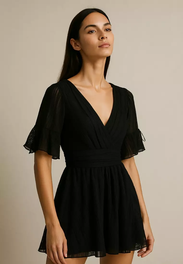 Noir Ruffle Sleeve One-Piece Swimdress – Elegant Black Beachwear with Built-in Shorts