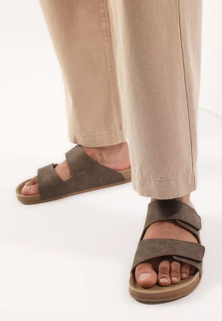 Mink Nubuck Velcro Tape Men's Flat Sole Slippers Takss25Te00034