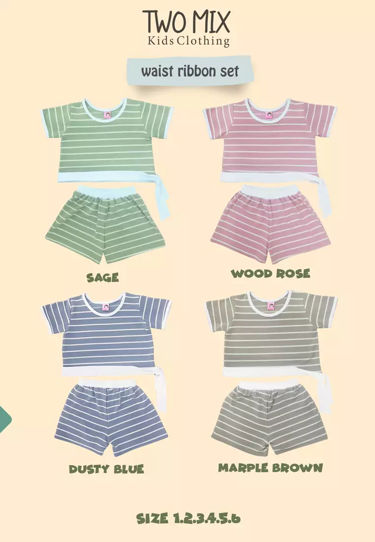 Two Mix - Baju Setelan Anak Perempuan Celana Pendek Salur 1-8 Tahun 4366 Dusty Blue