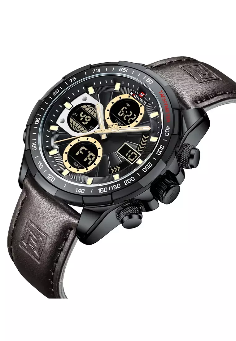 Naviforce - Jam Tangan Pria - Black - Brown Leather Strap - NF9197-D