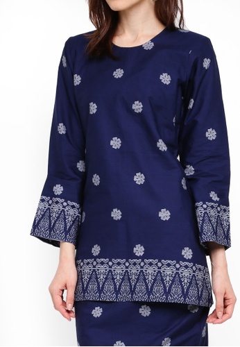 Buy Cotton Modern Kurung With Songket Print (MGlory) from Kasih in Blue and Silver only 199