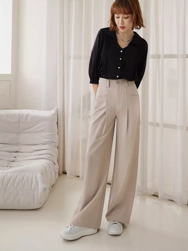 Texture Life．Delicate Smooth Solid Color Pocket Suit Floor-Length  Pants《BA7279》