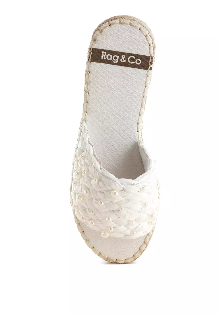 Pearl Embellished Woven Flats In White