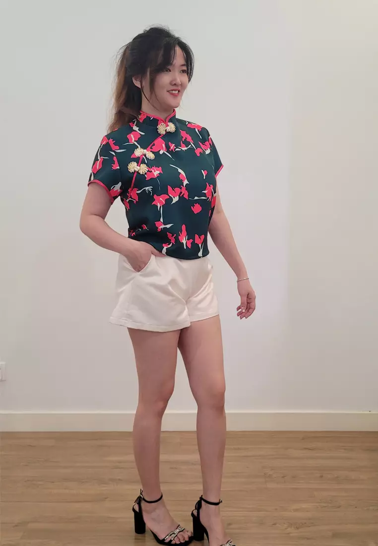Ivory Cheongsam Top in Dark Green Pink Printed