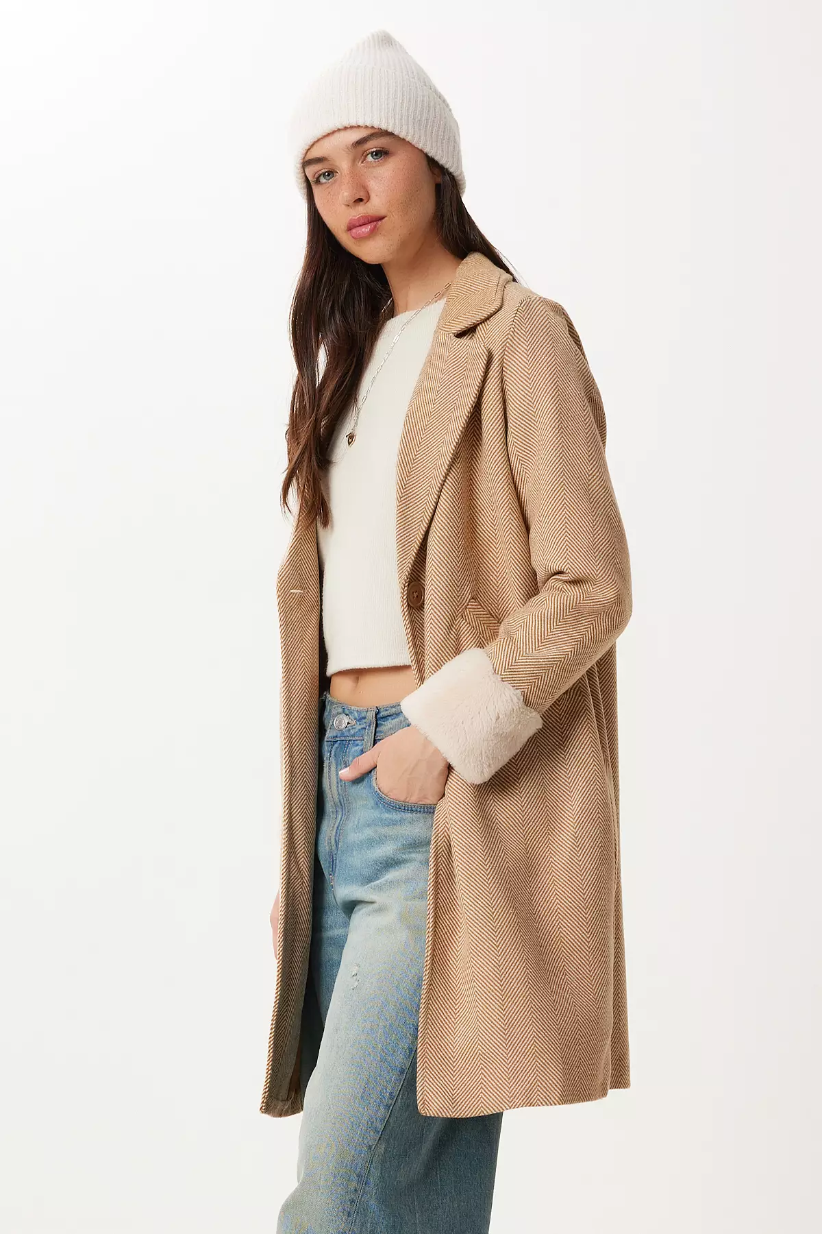 Women's Biscuit Double Breasted Collar Fur Cashmere Coat Dd01367