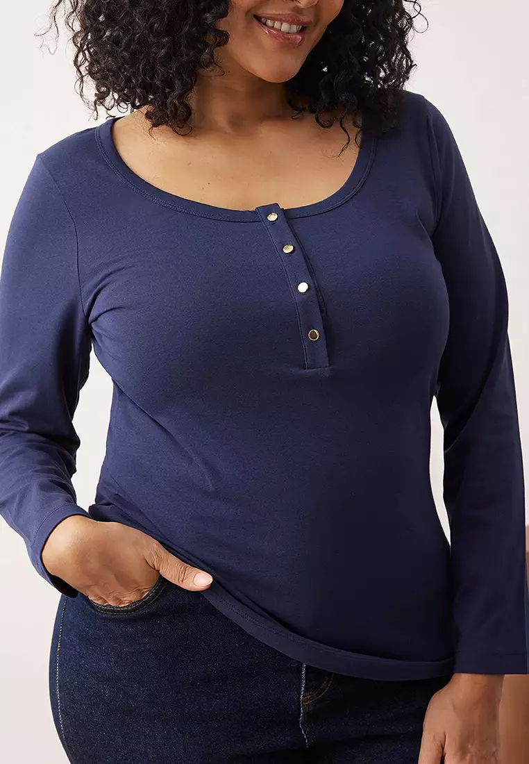 Navy Blue Knitted Body Fitting Button Detail Plus Size Blouse Tbbaw26Af00008