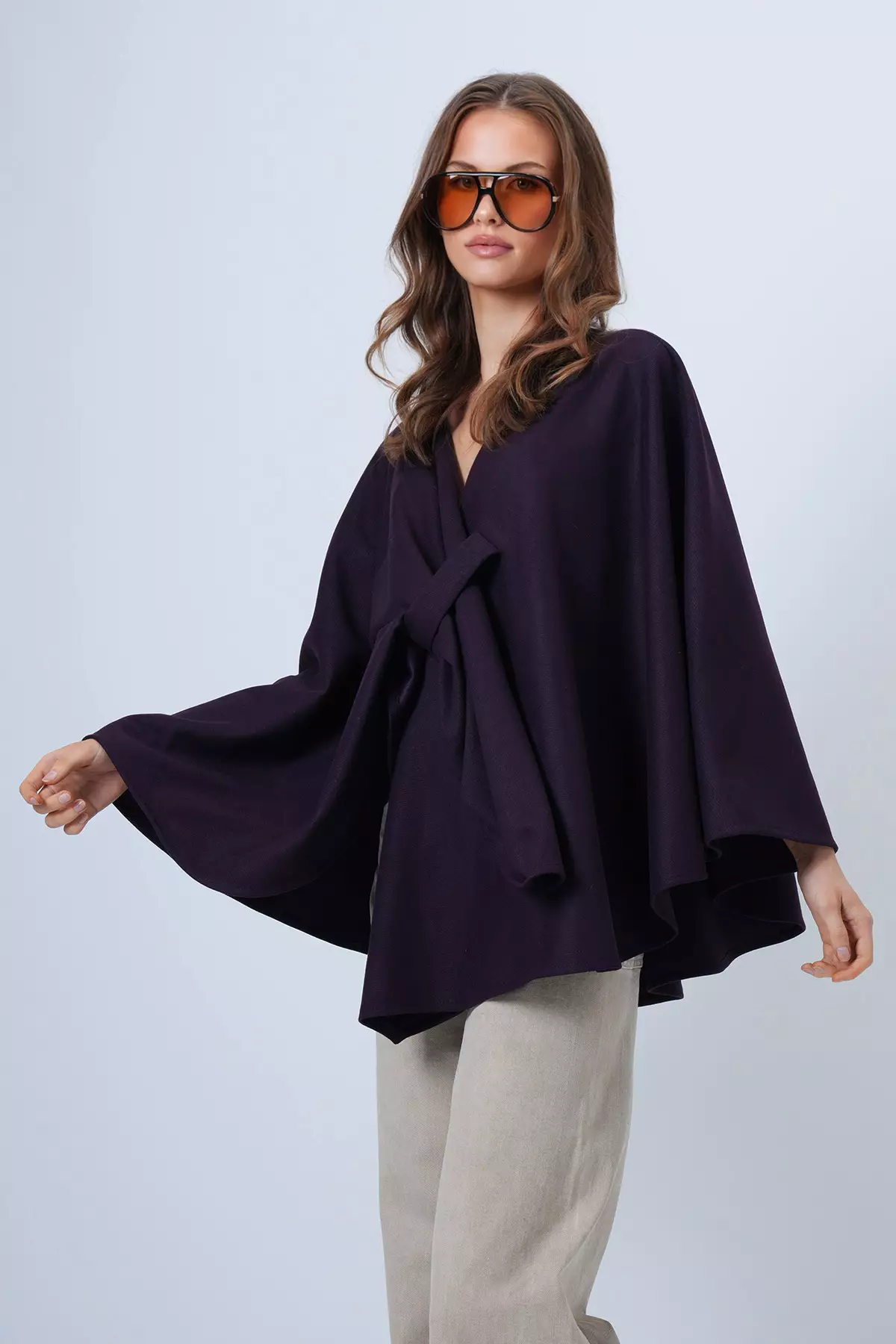 Women'S Purple Collar Design Knitwear Poncho Alc-X14672
