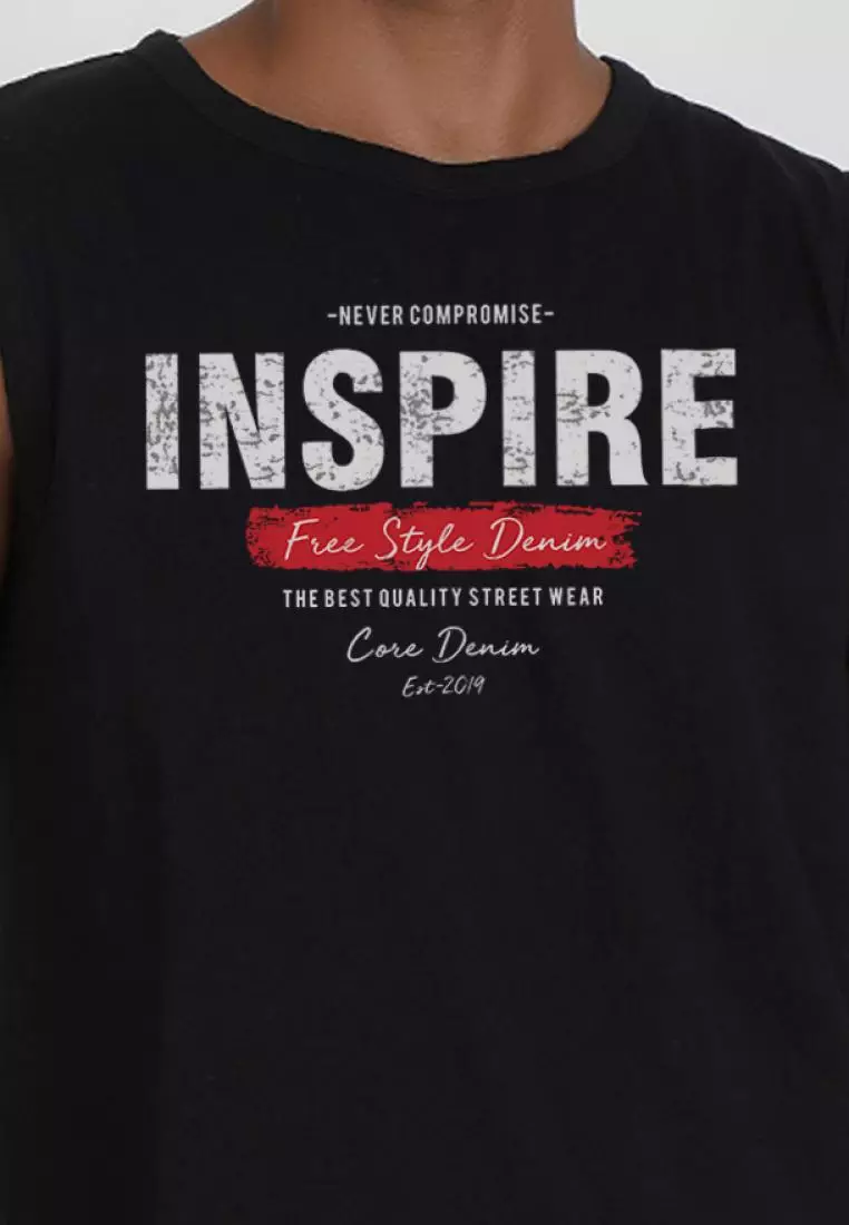 Inspire 图案黑色棉质无袖健身/训练背心