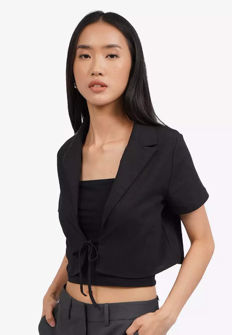 Front Tie Short Sleeve Crop Blazer