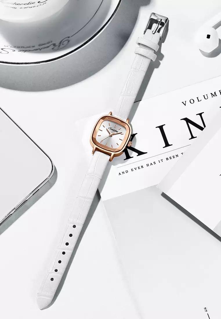 Jam Tangan Wanita 8003 Kuarsa Santai Anggun Jam Wanita Kecil Tali Kulit Jam Tangan Cewek white