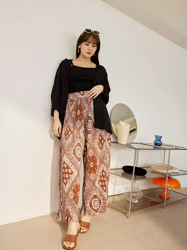 Printed pleated wide-leg pants with an elastic waistband [BA7530]