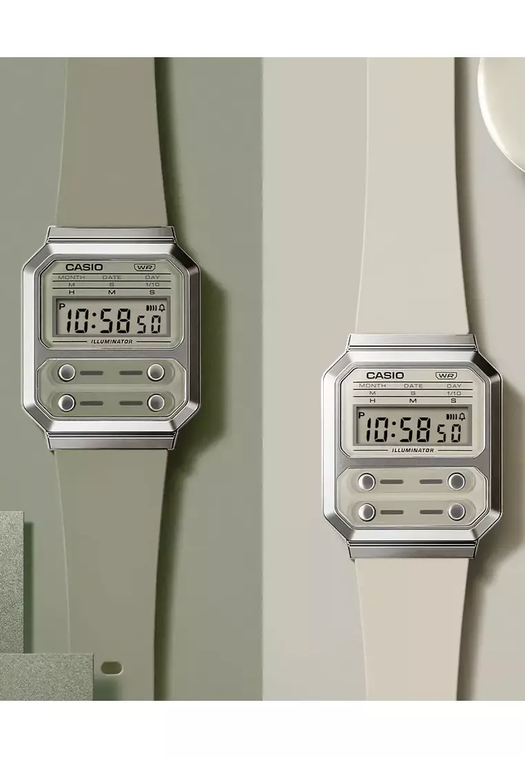 Casio - Jam Tangan Digital Wanita - Silver - Cream Resin Strap - A100WEF-8ADF