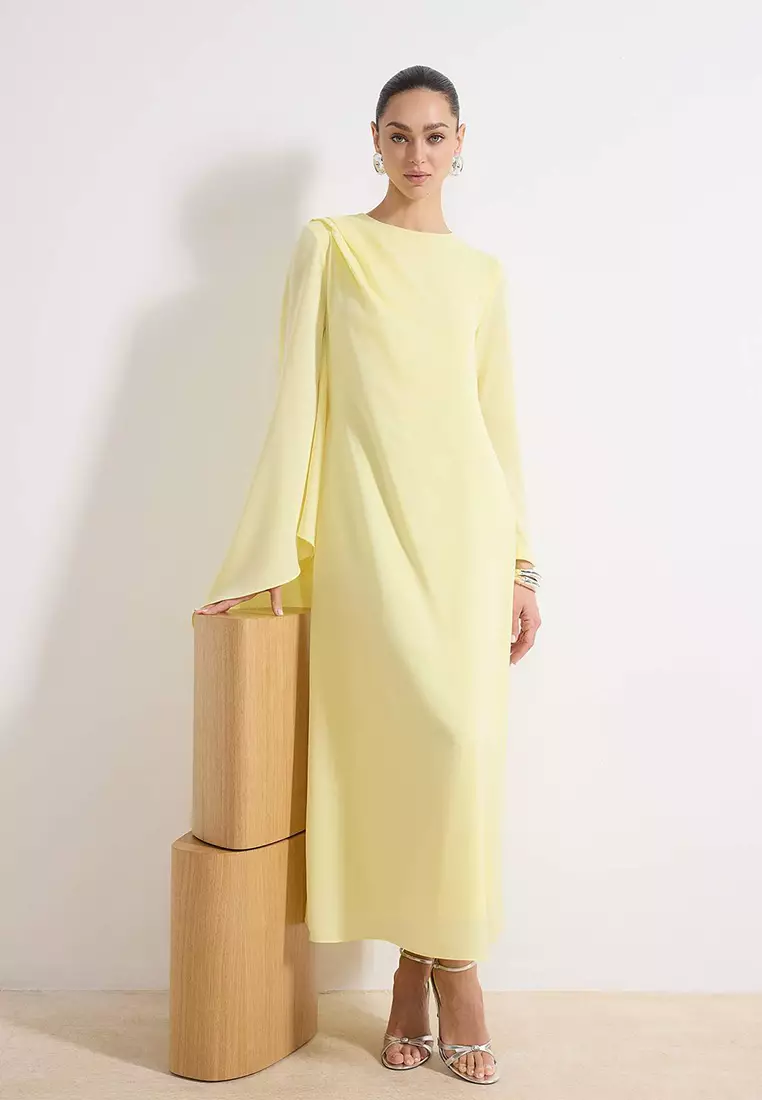 Yellow Shawl Detailed Evening Dress Tctss24Db00036