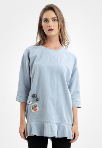 Disca Patched Oversized Denim Blouse in Light Blue