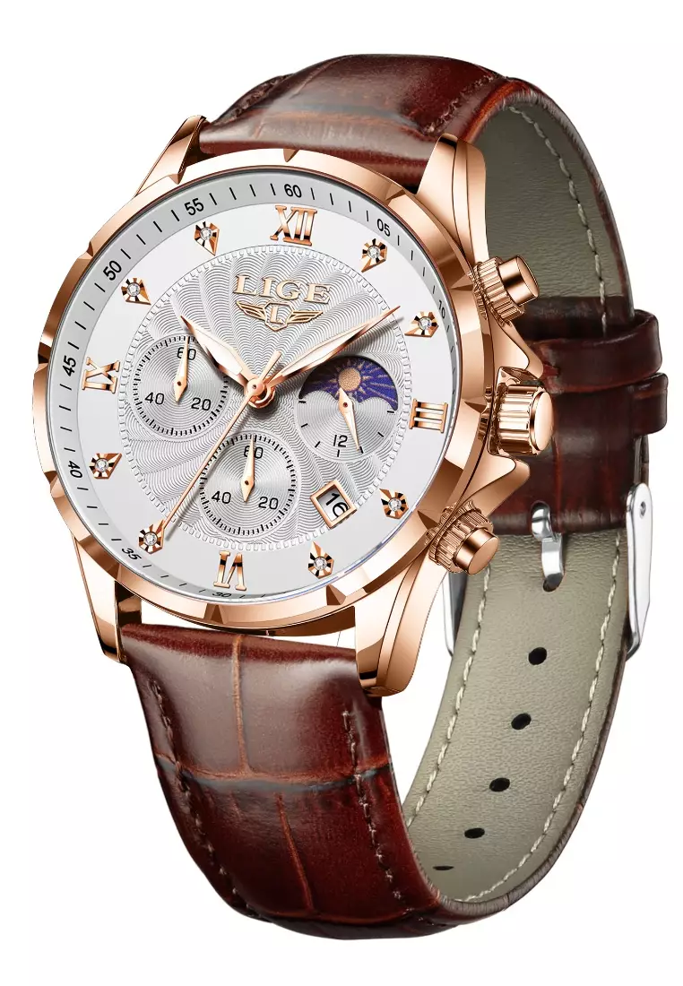 Chronograph Unisex IP Rose Gold color Stainless Steel Quartz Watch, White dial, Brown Leather Strap